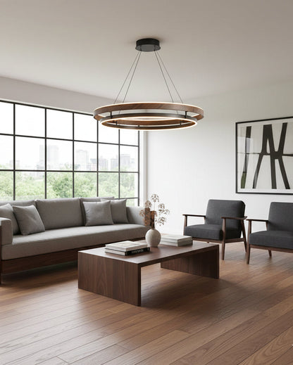 Suspended Dual-Halo LED Fixture for Dining Areas Wood-Grain Metal Ceiling Light Adjustable Height Contemporary Overhead Illumination for Kit