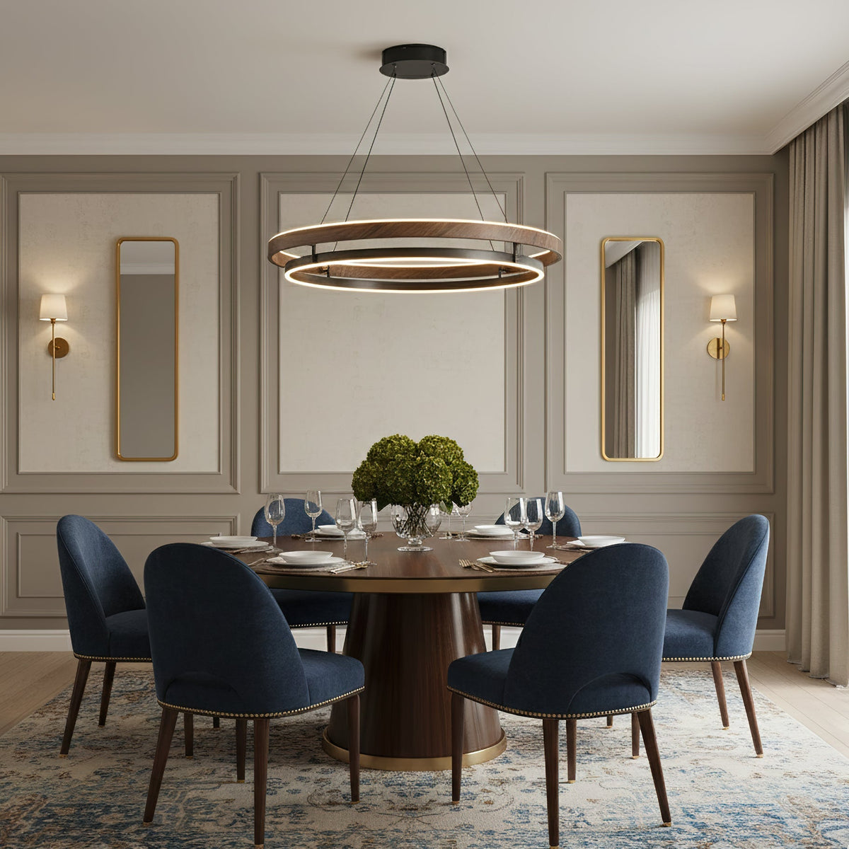 Suspended Dual-Halo LED Fixture for Dining Areas Wood-Grain Metal Ceiling Light Adjustable Height Contemporary Overhead Illumination for Kit