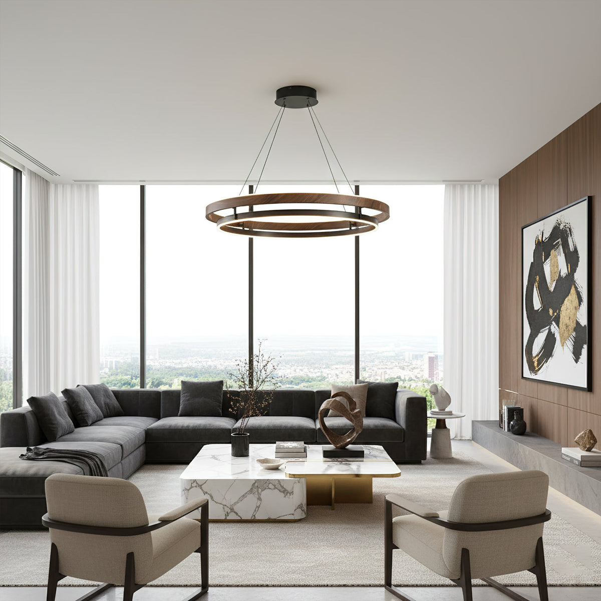 Suspended Dual-Halo LED Fixture for Dining Areas Wood-Grain Metal Ceiling Light Adjustable Height Contemporary Overhead Illumination for Kit