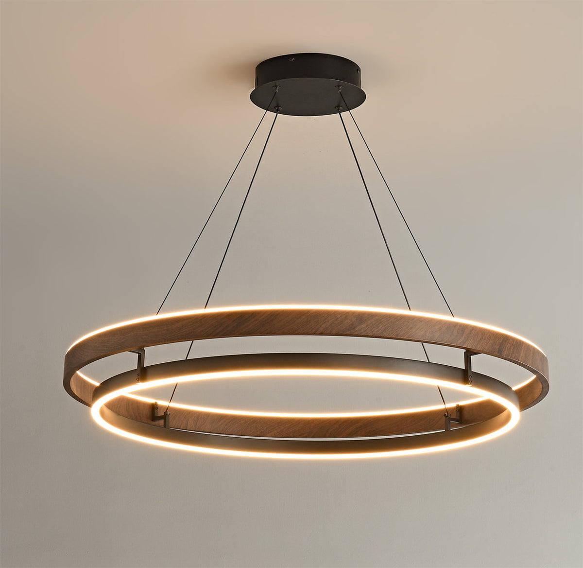 Suspended Dual-Halo LED Fixture for Dining Areas Wood-Grain Metal Ceiling Light Adjustable Height Contemporary Overhead Illumination for Kit