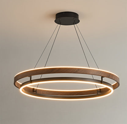 Suspended Dual-Halo LED Fixture for Dining Areas Wood-Grain Metal Ceiling Light Adjustable Height Contemporary Overhead Illumination for Kit