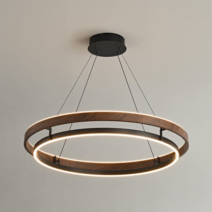 Suspended Dual-Halo LED Fixture for Dining Areas Wood-Grain Metal Ceiling Light Adjustable Height Contemporary Overhead Illumination for Kit
