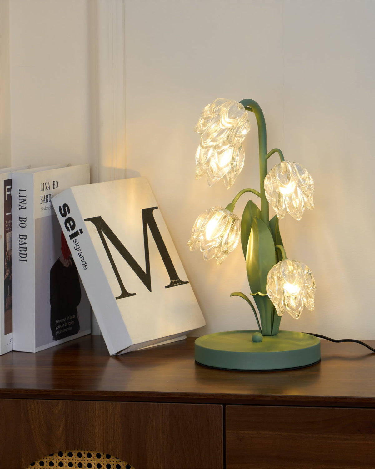 Floral Glass Shade Accent Lamp 7 Inch Green Stem Bedroom Nightstand Light Living Room Decorative Lighting Home Decor Indoor Small Bulb