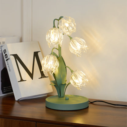 Floral Glass Shade Accent Lamp 7 Inch Green Stem Bedroom Nightstand Light Living Room Decorative Lighting Home Decor Indoor Small Bulb