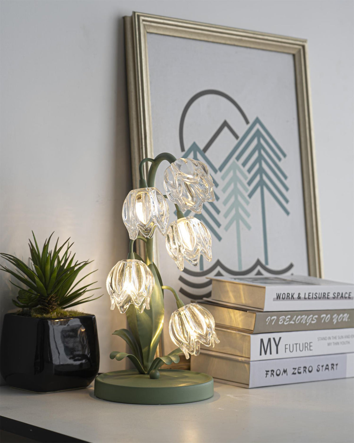 Floral Glass Shade Accent Lamp 7 Inch Green Stem Bedroom Nightstand Light Living Room Decorative Lighting Home Decor Indoor Small Bulb