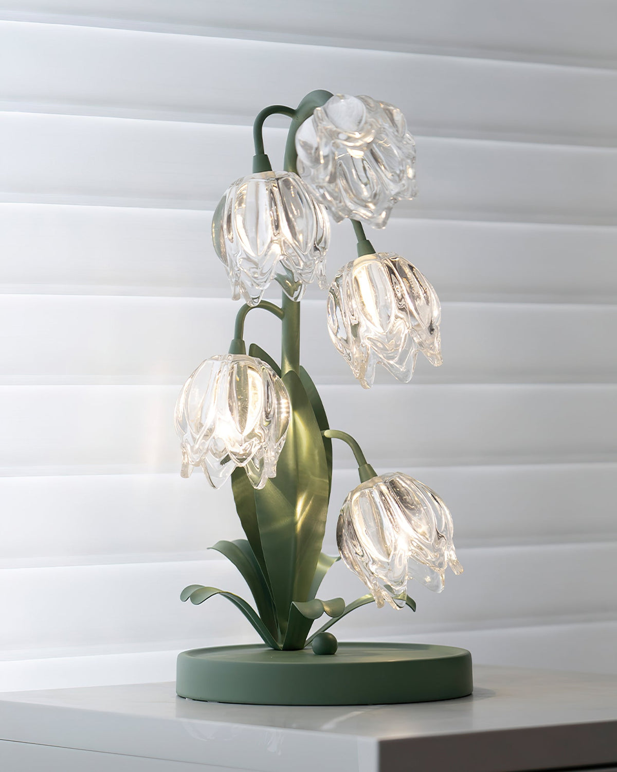Floral Glass Shade Accent Lamp 7 Inch Green Stem Bedroom Nightstand Light Living Room Decorative Lighting Home Decor Indoor Small Bulb