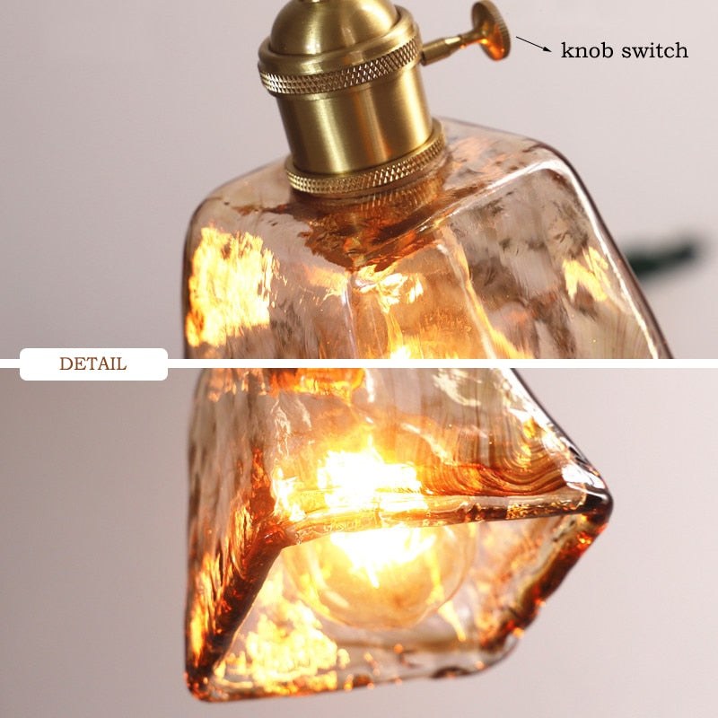 Geometric Glass Pendant Light with Brass Finish for Dining Room & Bedroom – Handcrafted Vintage Industrial Hanging Fixture