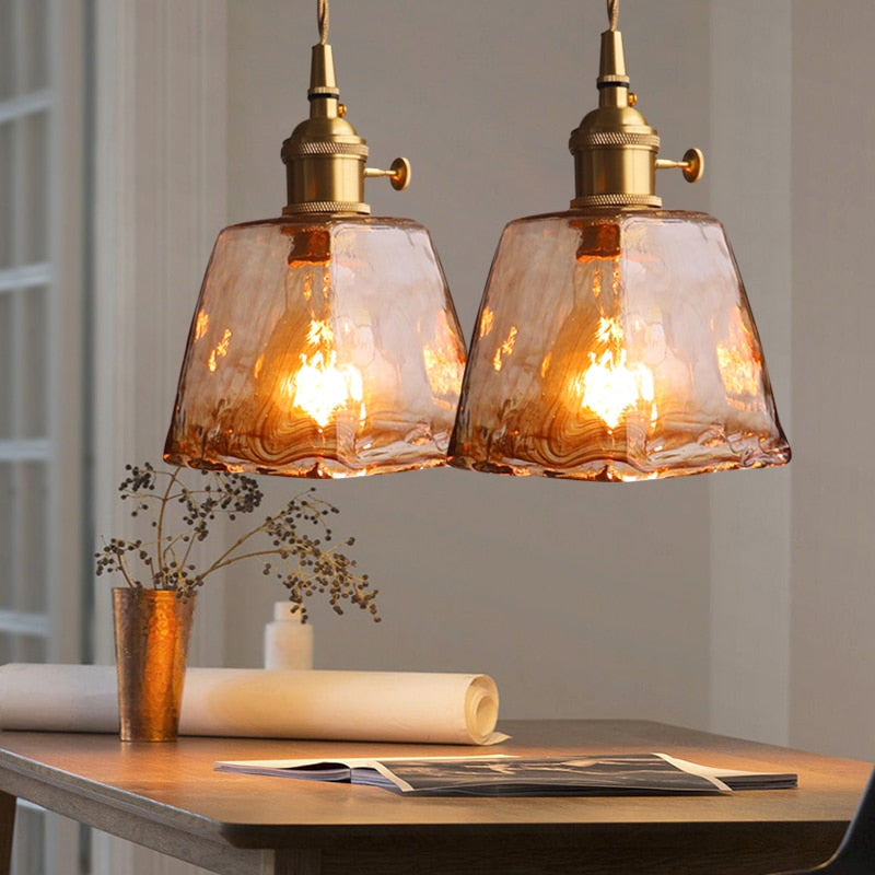 Geometric Glass Pendant Light with Brass Finish for Dining Room & Bedroom – Handcrafted Vintage Industrial Hanging Fixture