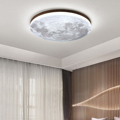 Round Flush Mount LED Fixture Moon Surface Wood & Acrylic 19 in Diameter Low Profile for Bedroom Living Room Hallway Ambient Lighting Japand