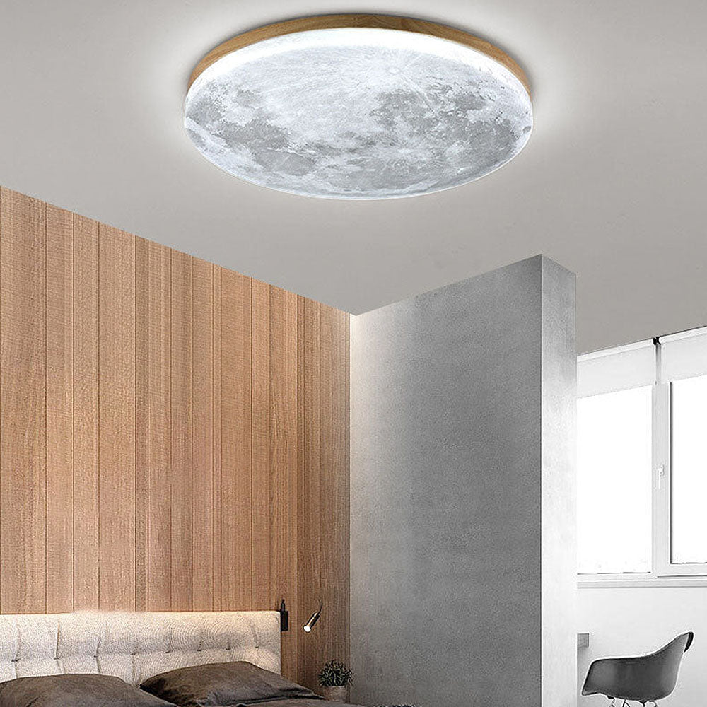 Round Flush Mount LED Fixture Moon Surface Wood & Acrylic 19 in Diameter Low Profile for Bedroom Living Room Hallway Ambient Lighting Japand