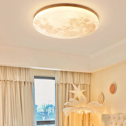 Round Flush Mount LED Ceiling Light with Lunar Surface Design Wood & Acrylic 19 in Diameter for Bedrooms Living Rooms Hallways Modern Ambien