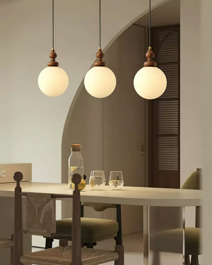 Frosted Glass Globe Hanging Fixture with Natural Wood Canopy 7 Inch Shade Adjustable Cord Kitchen Island Entryway Bedroom Dining Area Modern