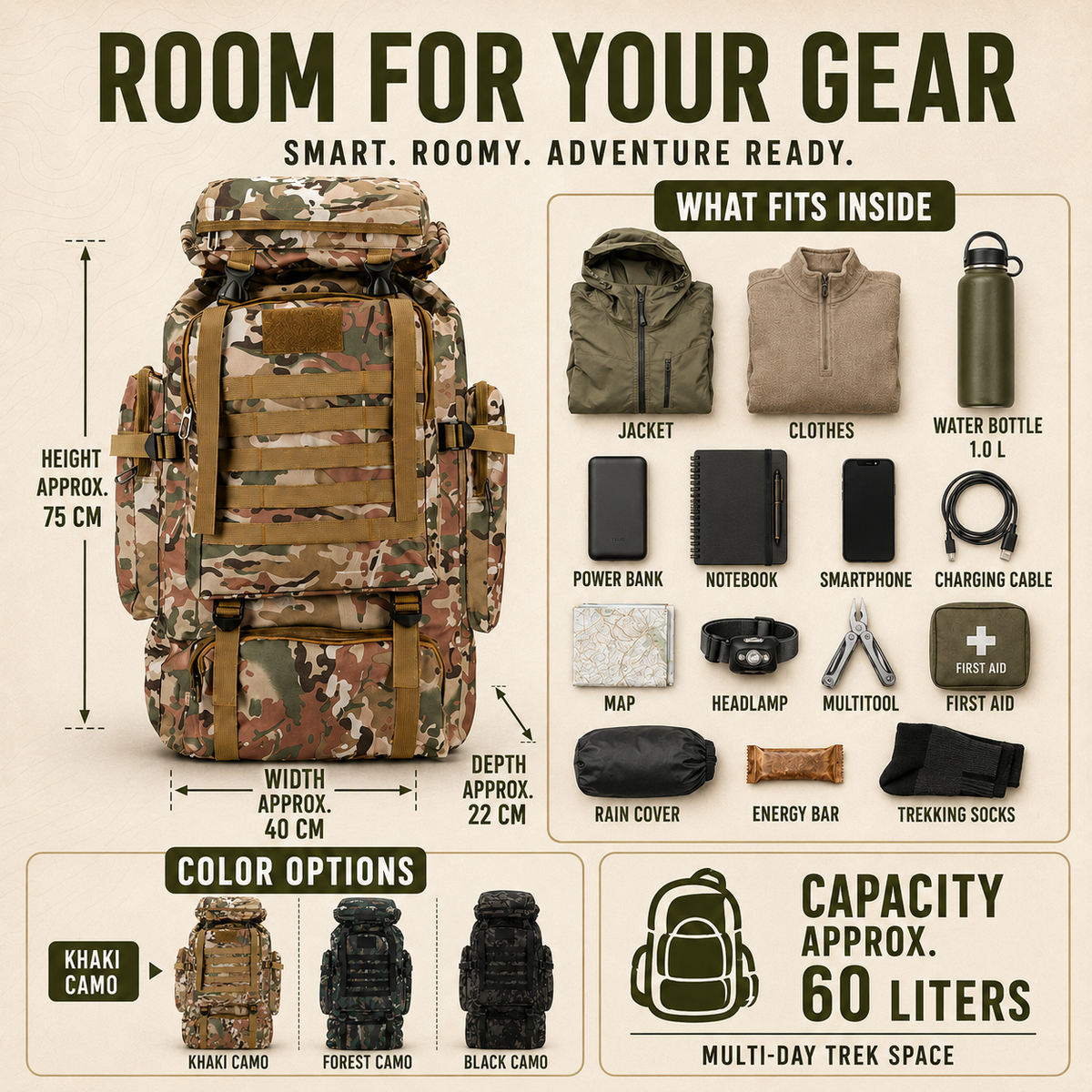 80L Expedition Hiking Backpack – Tactical Multi-Day Trekking Pack with MOLLE Webbing & Padded Straps for Camping & Travel