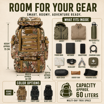 80L Expedition Hiking Backpack – Tactical Multi-Day Trekking Pack with MOLLE Webbing & Padded Straps for Camping & Travel