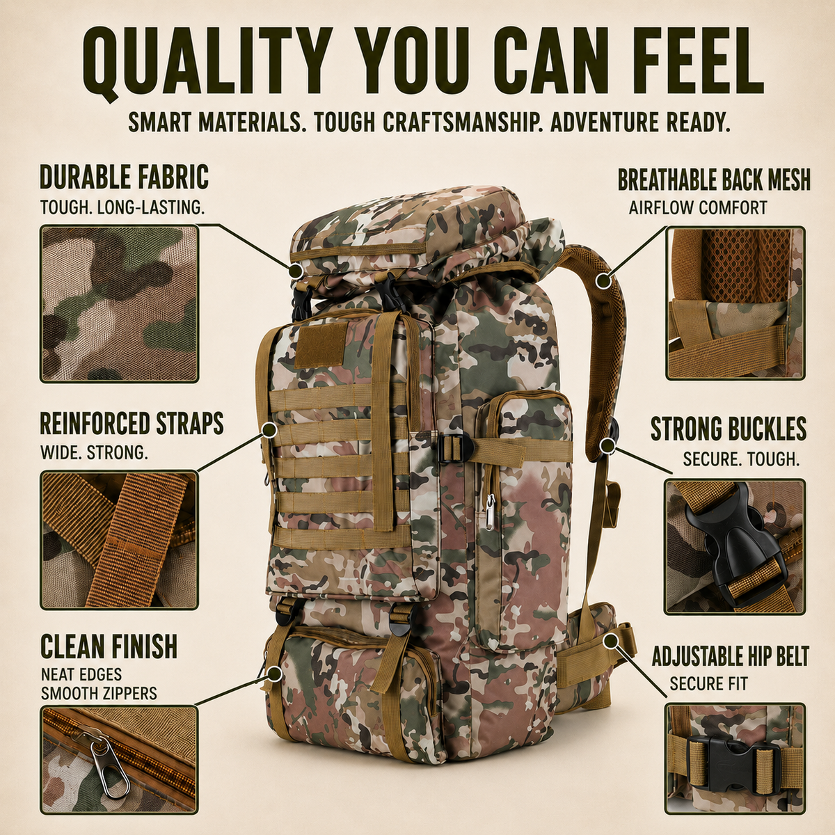 80L Expedition Hiking Backpack – Tactical Multi-Day Trekking Pack with MOLLE Webbing & Padded Straps for Camping & Travel