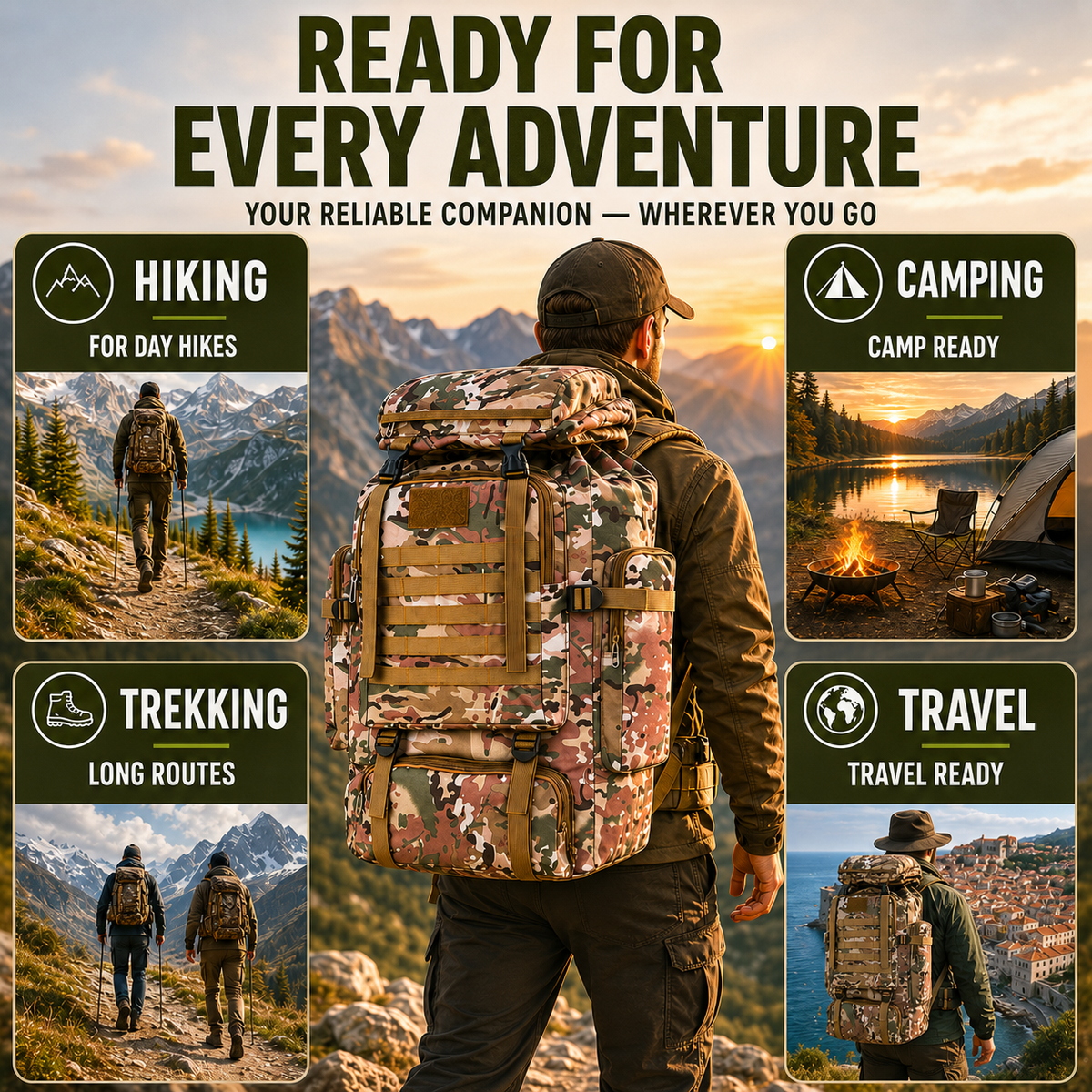 80L Expedition Hiking Backpack – Tactical Multi-Day Trekking Pack with MOLLE Webbing & Padded Straps for Camping & Travel