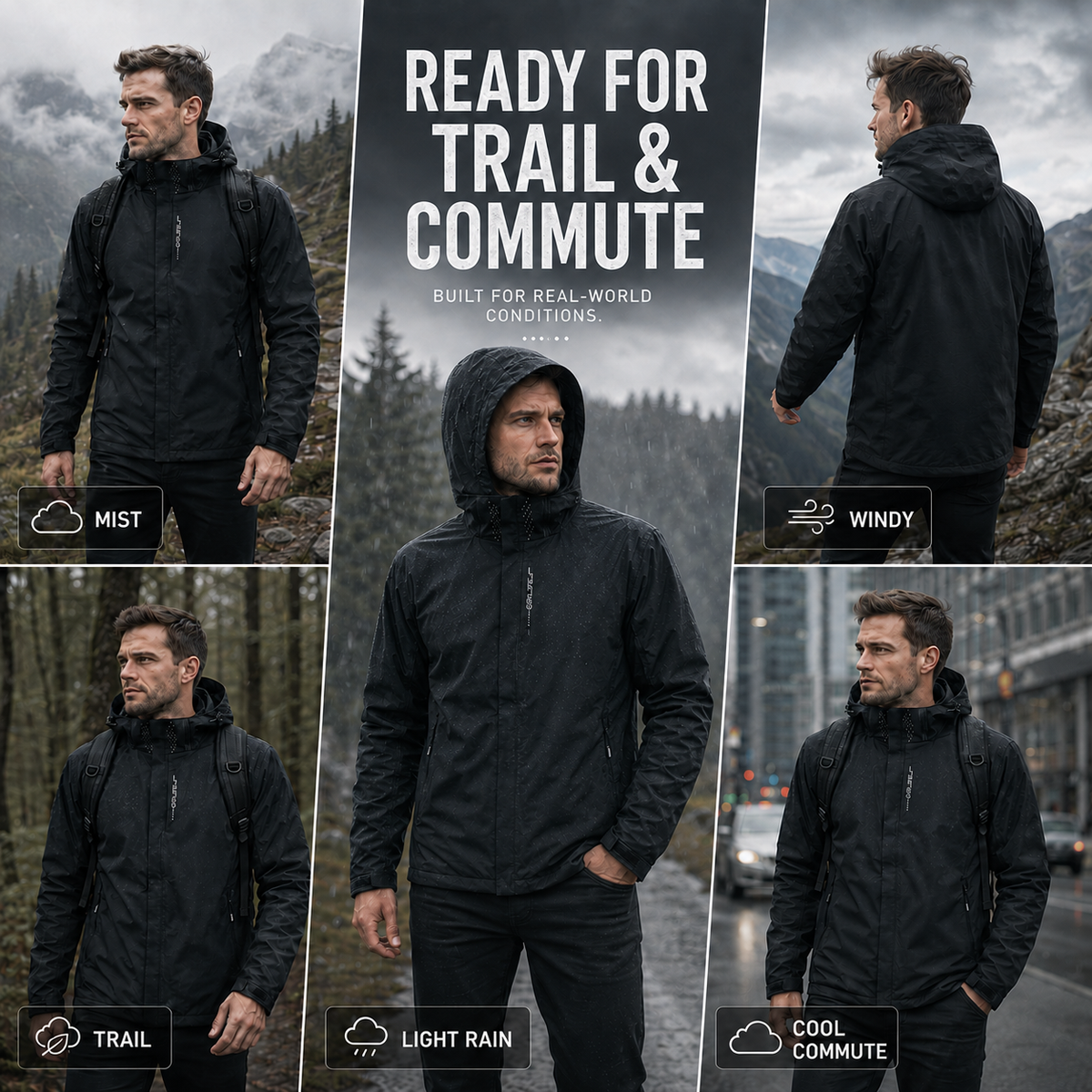 Lightweight Zip-Front Rain Jacket with Hood – Breathable Weather Shell for Men
