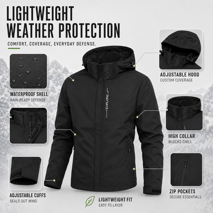 Lightweight Zip-Front Rain Jacket with Hood – Breathable Weather Shell for Men
