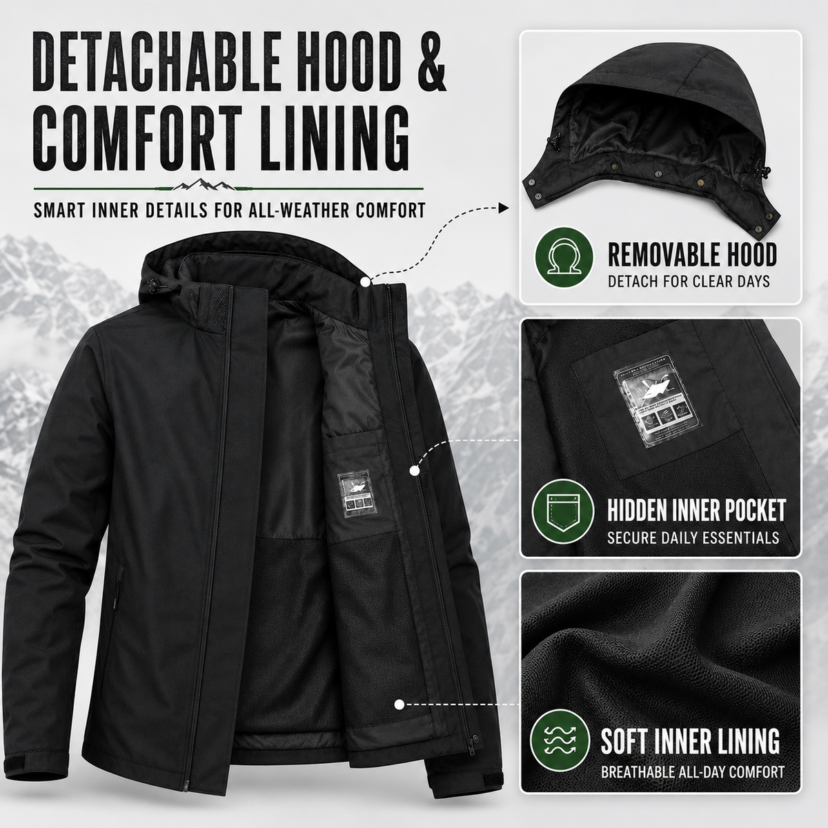 Lightweight Zip-Front Rain Jacket with Hood – Breathable Weather Shell for Men