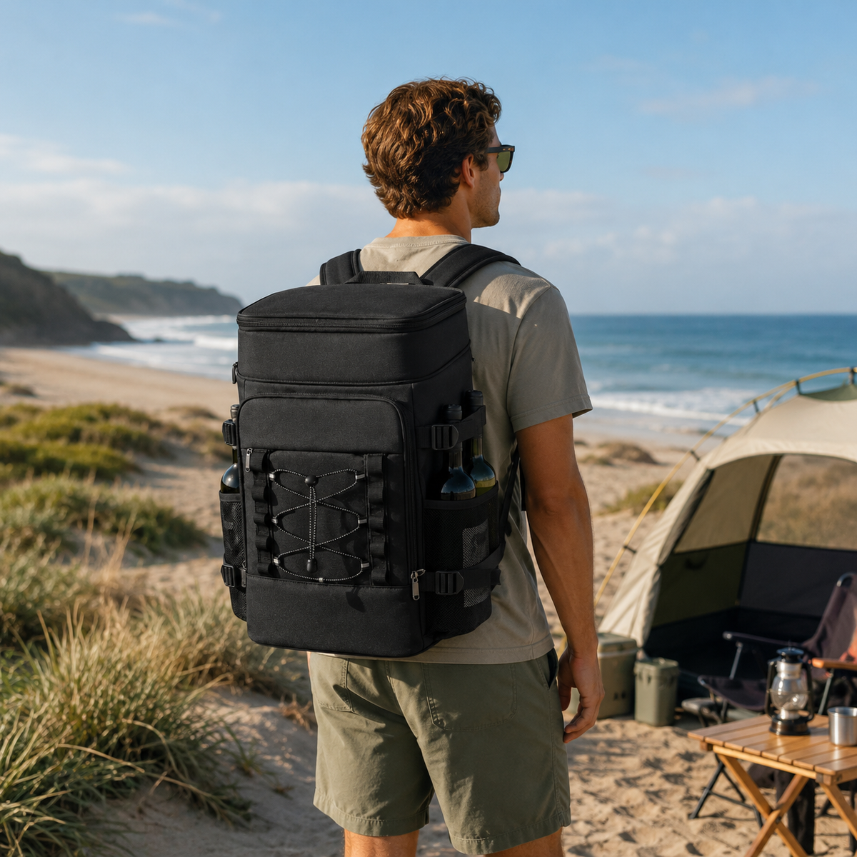 Thermal Backpack Cooler with Dual Compartments & Bottle Pockets for Hiking and Picnics