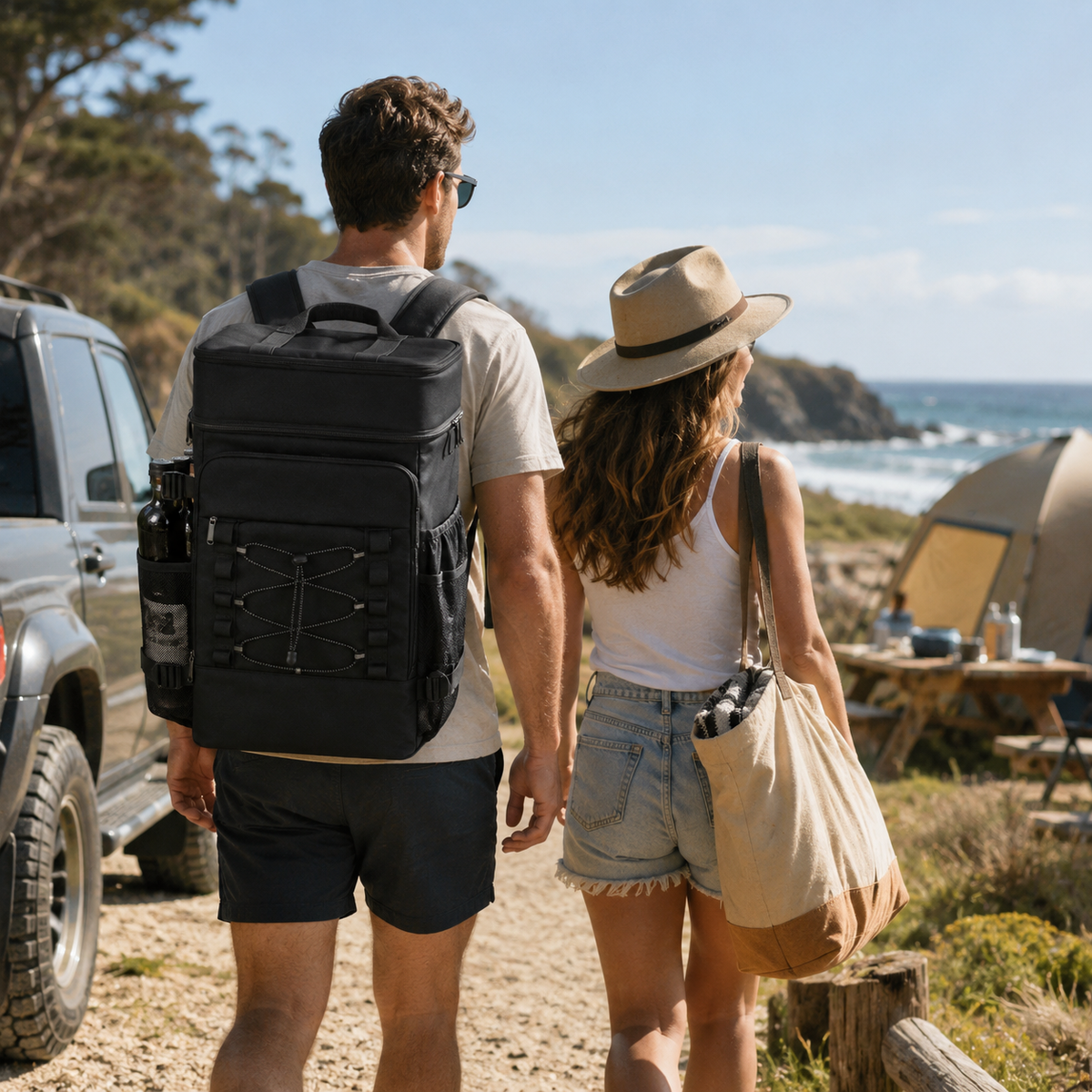 Thermal Backpack Cooler with Dual Compartments & Bottle Pockets for Hiking and Picnics