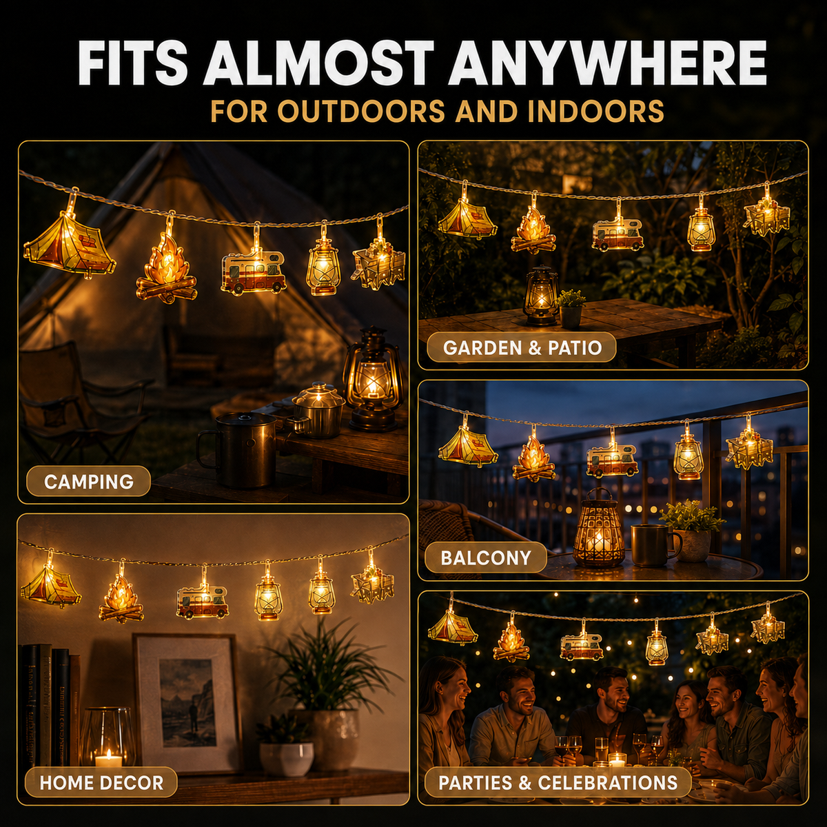 Camping-Themed LED Fairy Lights – Battery-Powered Indoor Outdoor String Lights with Tent, Campfire & Lantern Icons for Patio, Backyard &
