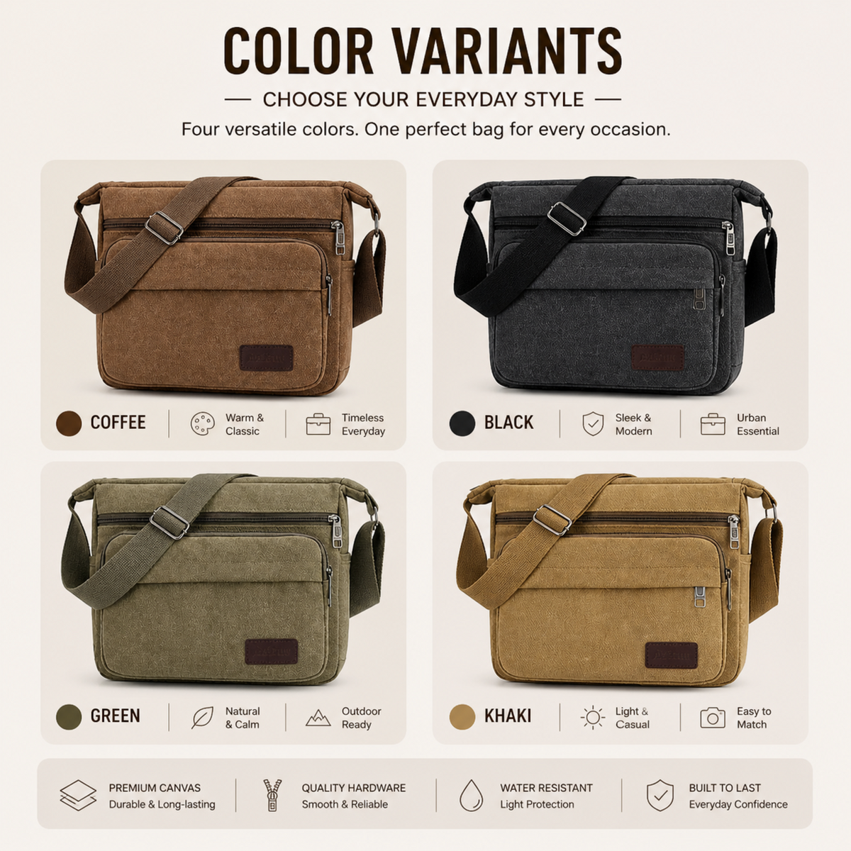 Canvas Crossbody Satchel - Adjustable Strap Shoulder Bag with Zip Pockets for Daily Carry, Work & Travel