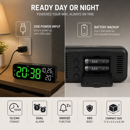 Digital LED Alarm Clock with Temperature Display & Voice Control for Bedroom, Nightstand Desktop Clock with Date, Night Mode Dimmer & Dual