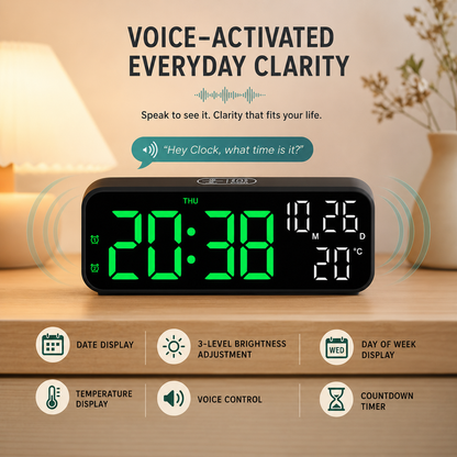 Digital LED Alarm Clock with Temperature Display & Voice Control for Bedroom, Nightstand Desktop Clock with Date, Night Mode Dimmer & Dual