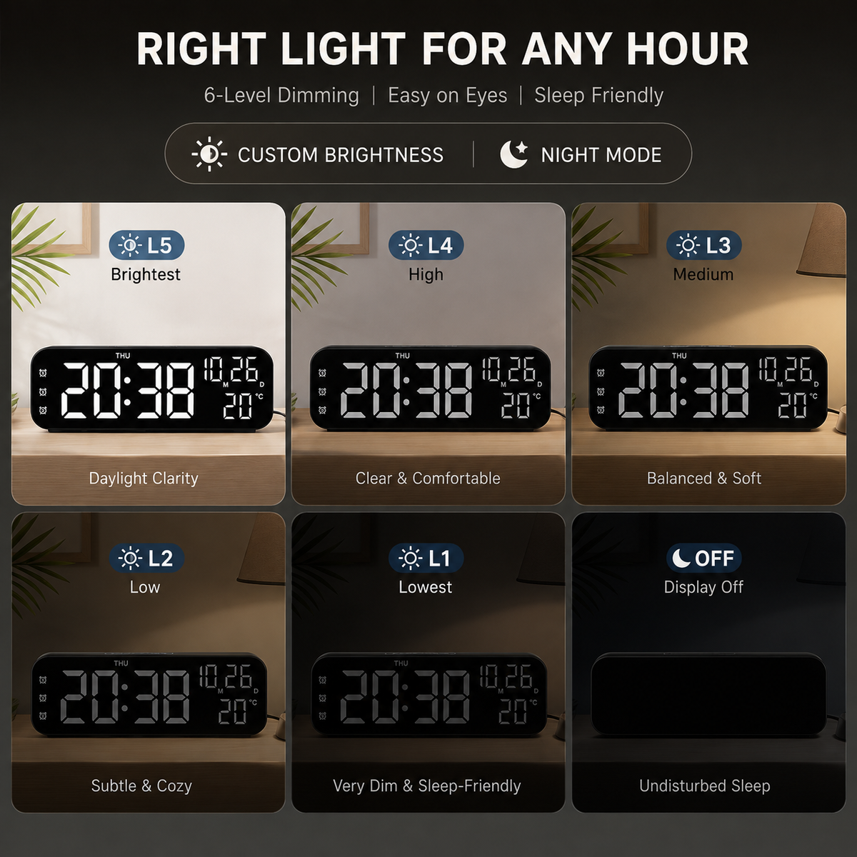 Digital LED Alarm Clock with Temperature Display & Voice Control for Bedroom, Nightstand Desktop Clock with Date, Night Mode Dimmer & Dual