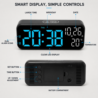 Digital LED Alarm Clock with Temperature Display & Voice Control for Bedroom, Nightstand Desktop Clock with Date, Night Mode Dimmer & Dual