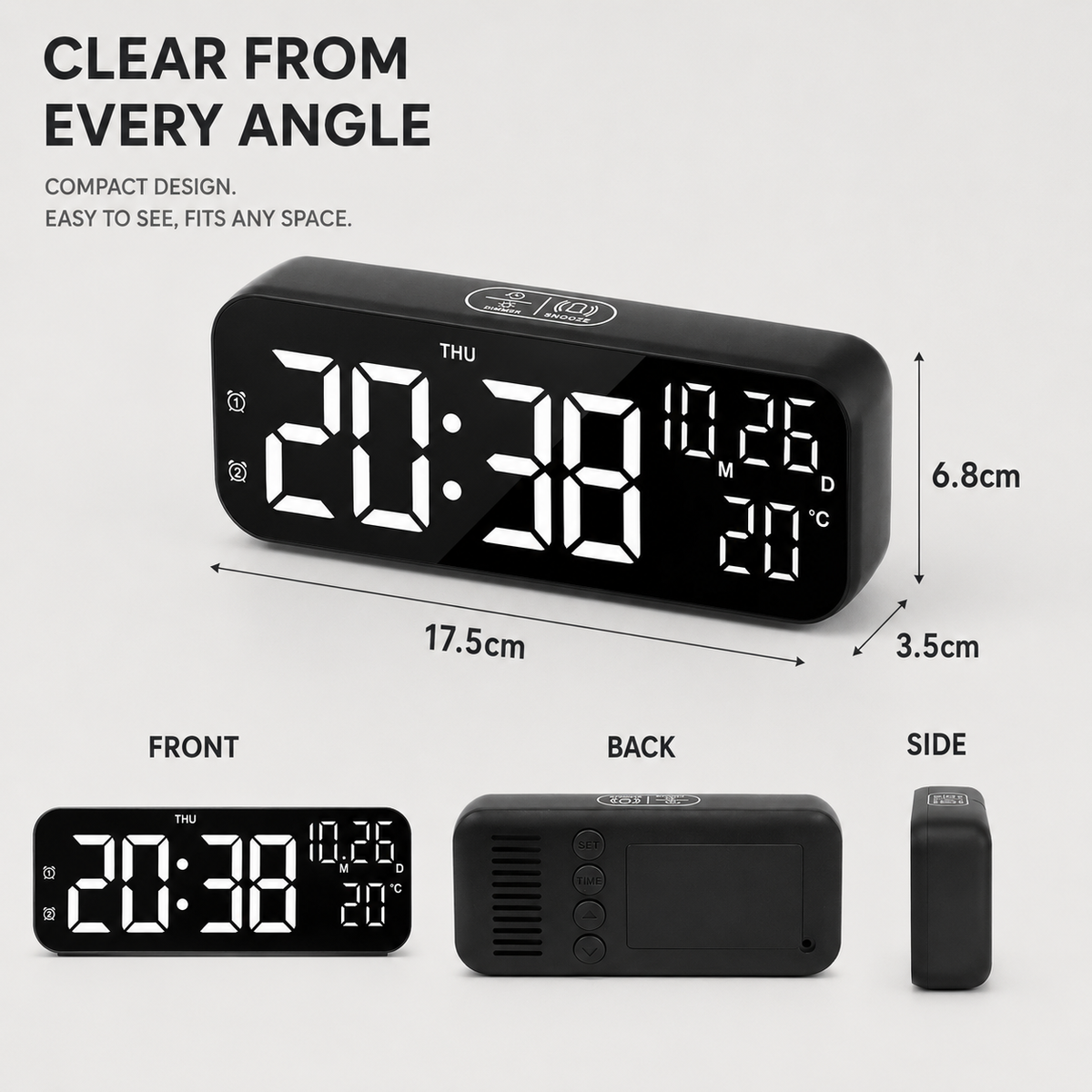 Digital LED Alarm Clock with Temperature Display & Voice Control for Bedroom, Nightstand Desktop Clock with Date, Night Mode Dimmer & Dual