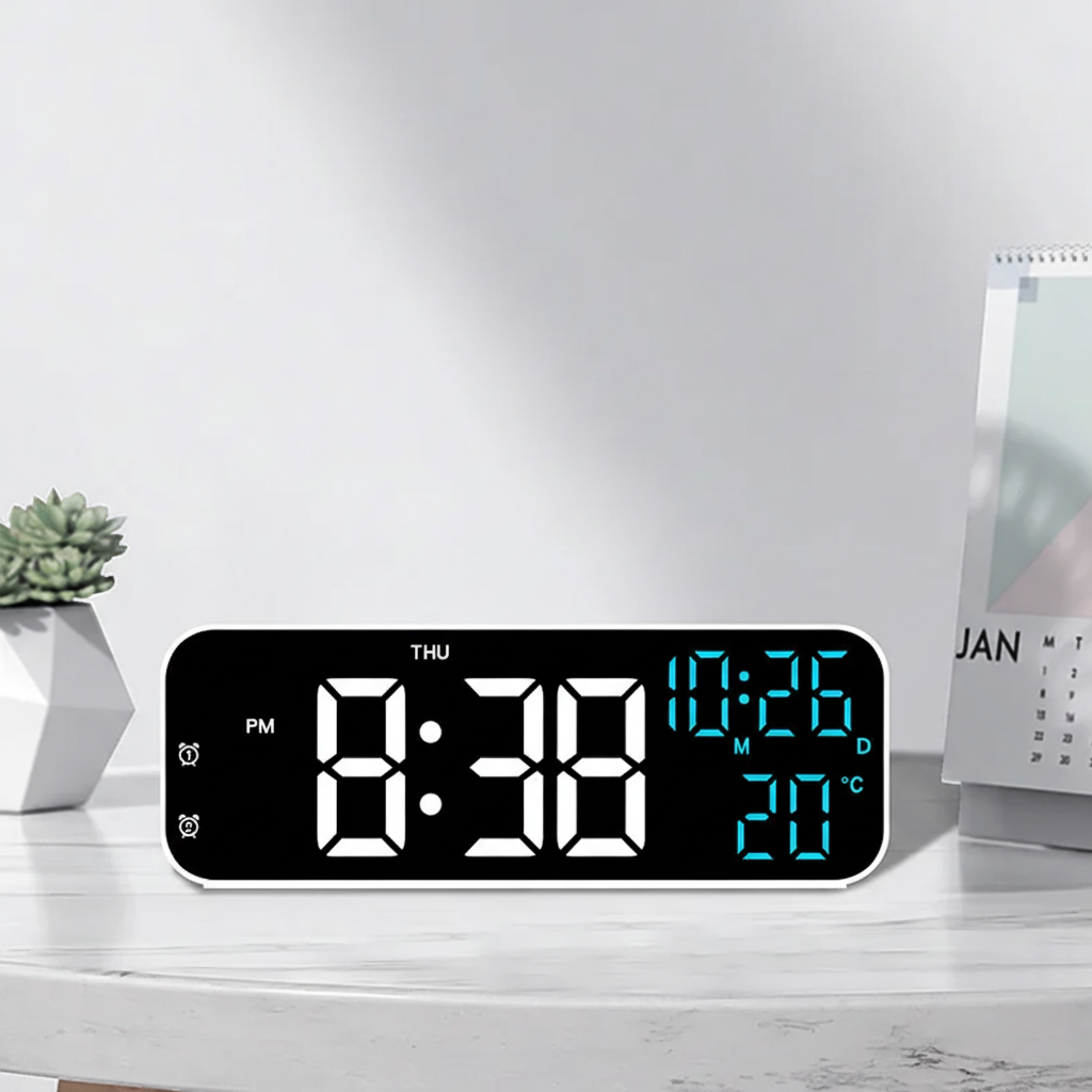Digital LED Alarm Clock with Temperature Display & Voice Control for Bedroom, Nightstand Desktop Clock with Date, Night Mode Dimmer & Dual