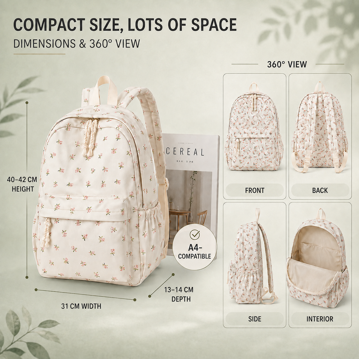 Floral Print School Backpack with Multiple Pockets for Students & Daily Use