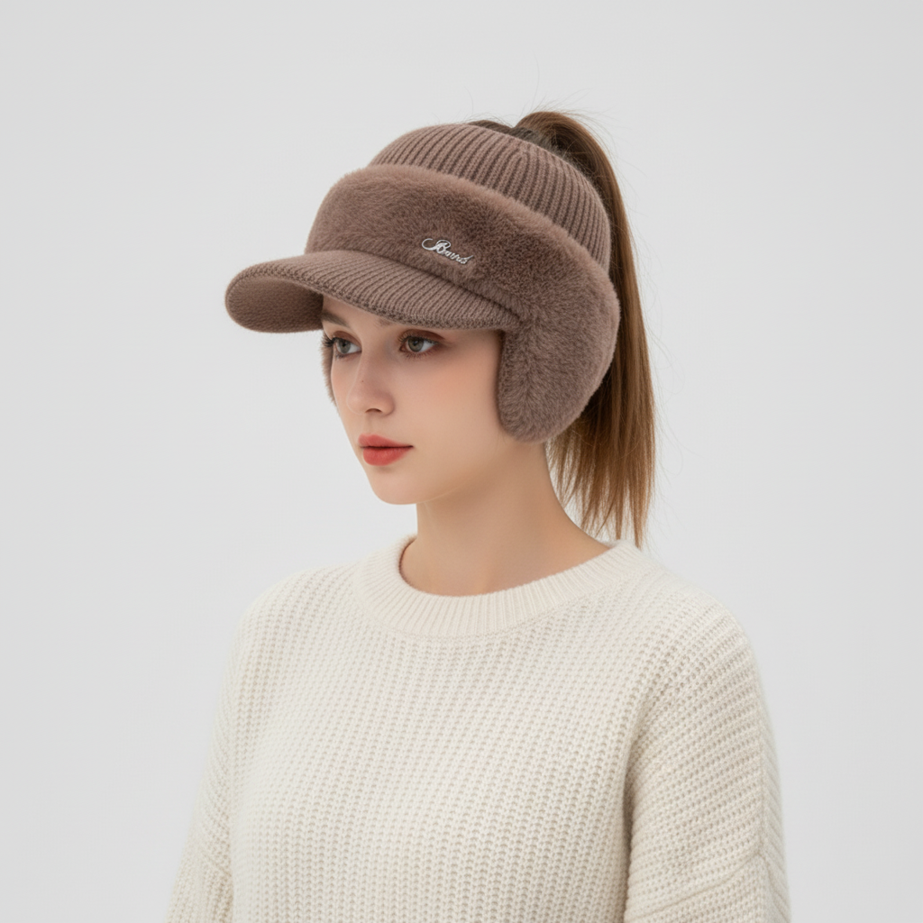 Winter Knit Hat with Visor & Ear Warmers for Women | Ponytail Opening & Windproof Fleece Lining | One Size Stretch Fit Beanie Cap for Cold