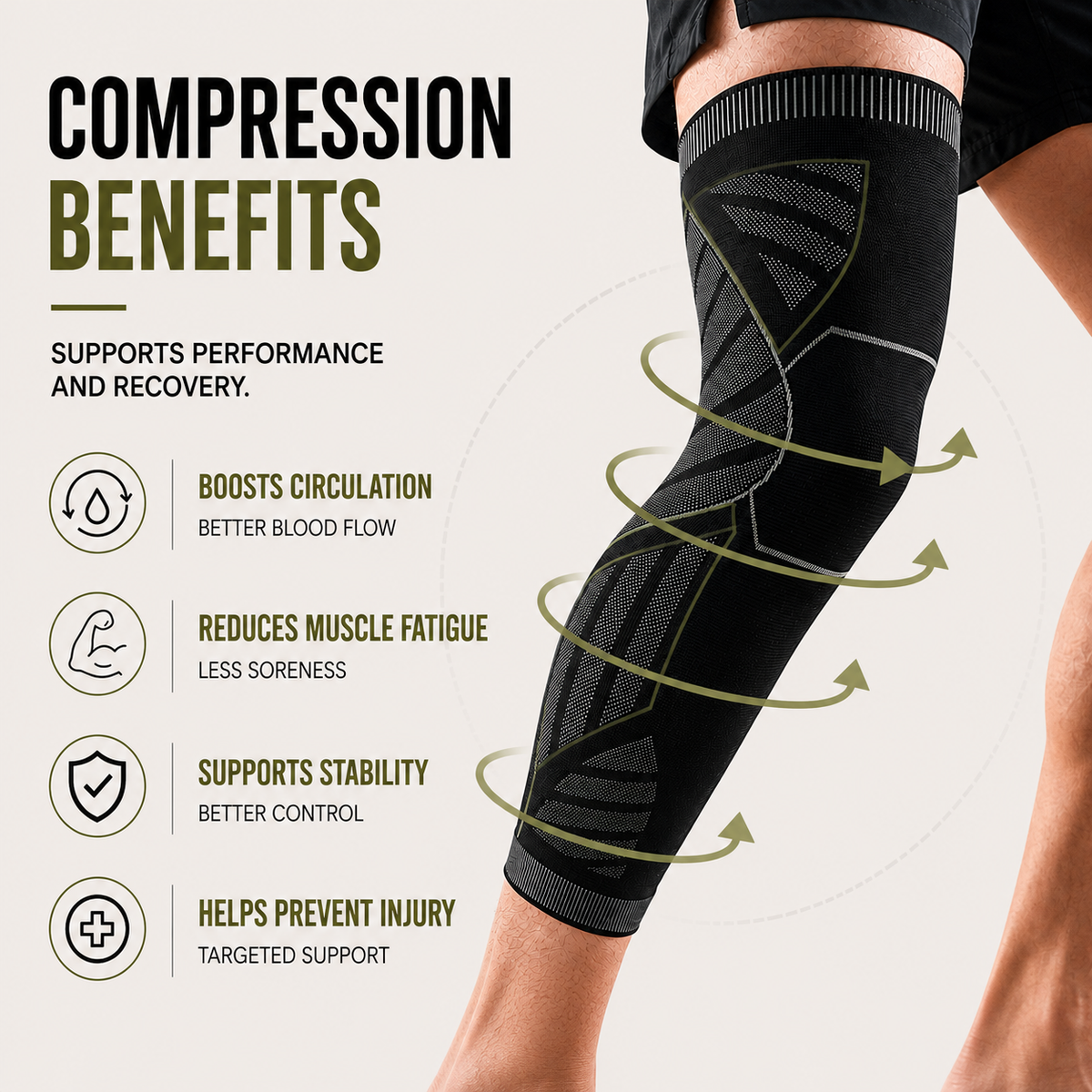 Knee Support Compression Sleeve for Running, Sports & Daily Activities – Full-Leg Design with Anti-Slip Band