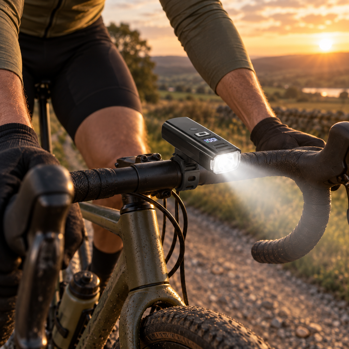 Rechargeable Bike Headlight with Auto-Sensing & Digital Battery Display for Cycling Safety