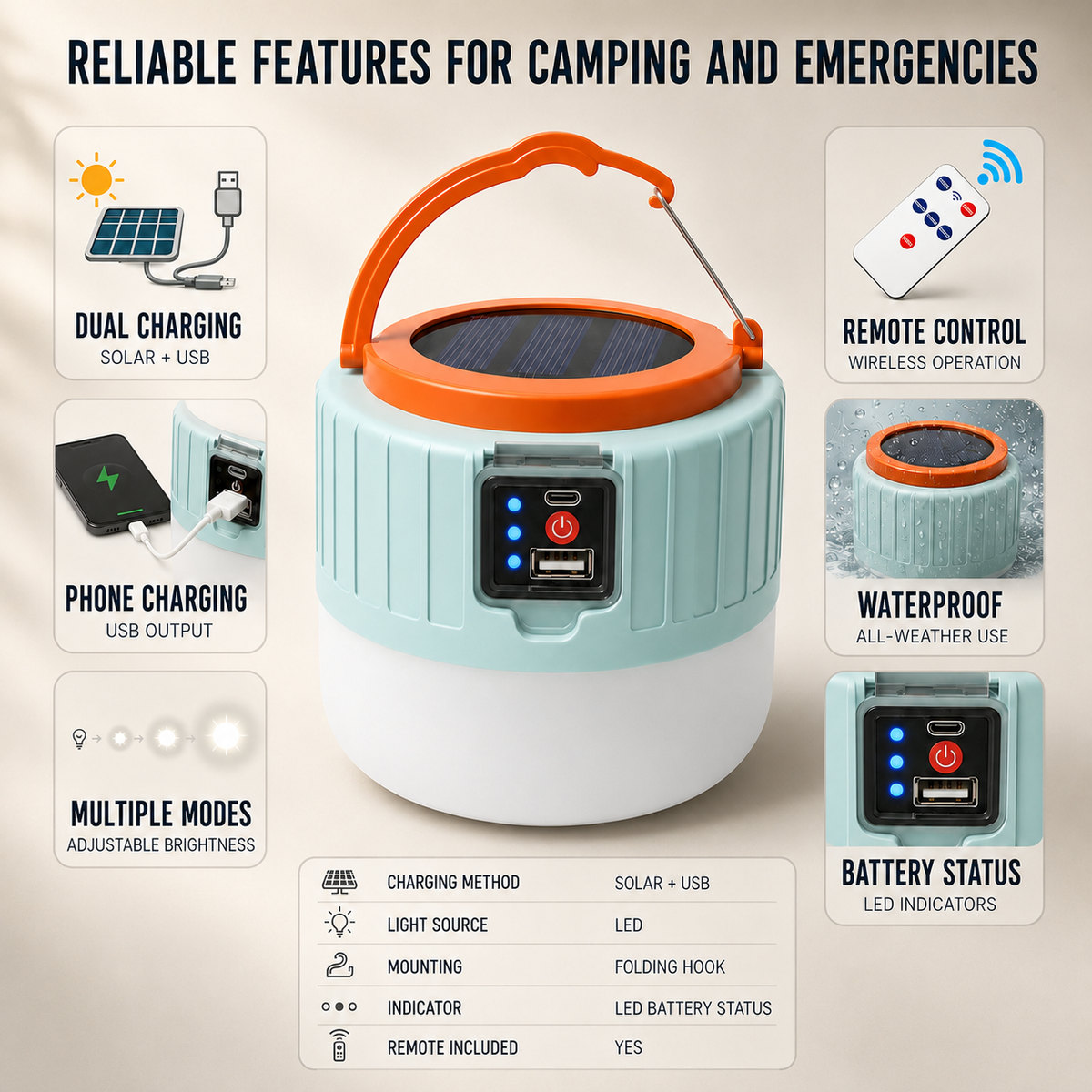 Dual-Power LED Camp Lantern with Remote Control – Solar & USB Rechargeable, Waterproof, Phone Charger for Camping, Hiking, Emergencies &