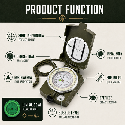 Lensatic Sighting Compass with Folding Design for Hiking & Outdoor Navigation | Portable Pocket Compass