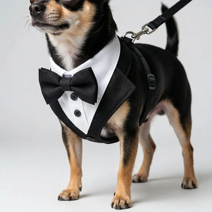 Dog Tuxedo Harness with Bow Tie for Weddings & Parties – Adjustable Vest Harness Small to Large Breeds – Formal Pet Outfit Costume