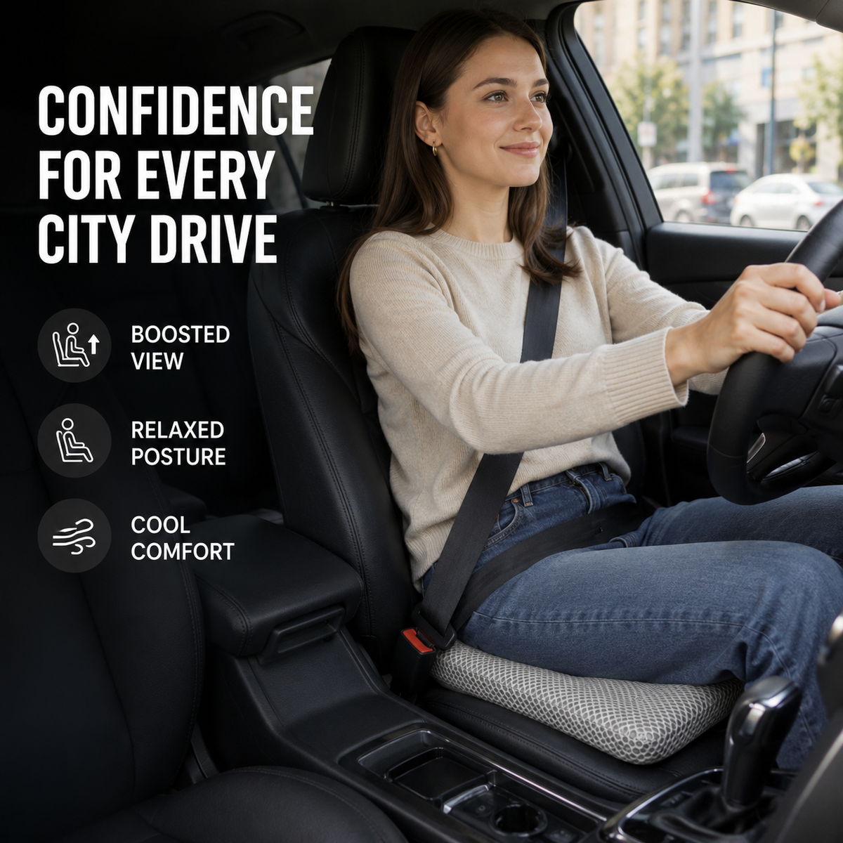 Elevated Car Seat Cushion with Airflow Honeycomb Design for Driver Comfort & Posture Support
