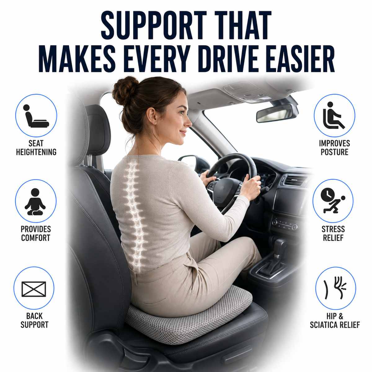 Elevated Car Seat Cushion with Airflow Honeycomb Design for Driver Comfort & Posture Support