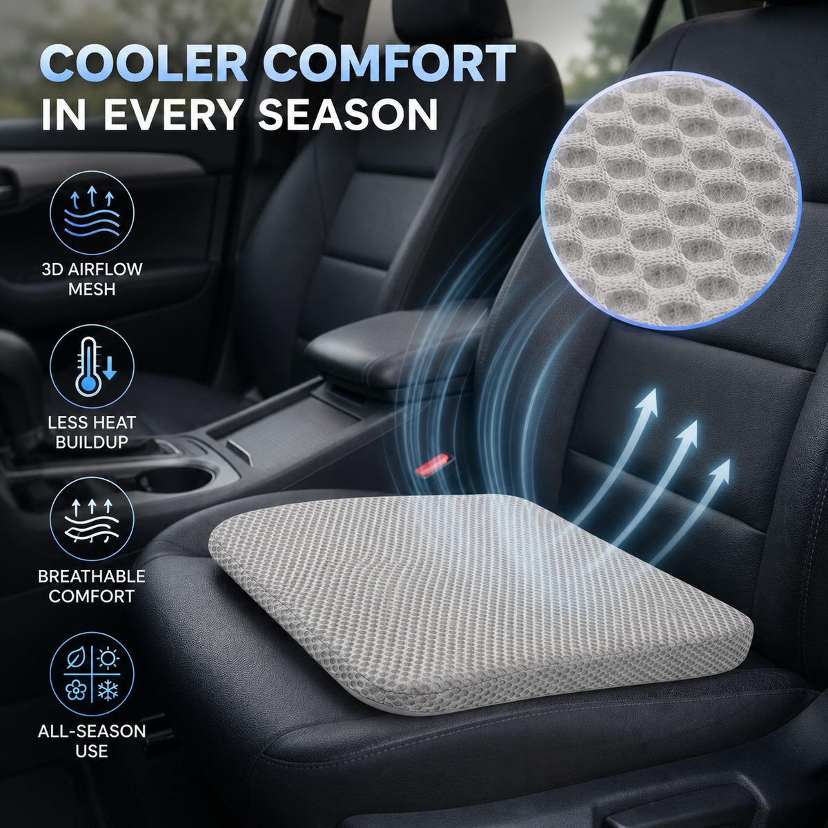 Elevated Car Seat Cushion with Airflow Honeycomb Design for Driver Comfort & Posture Support