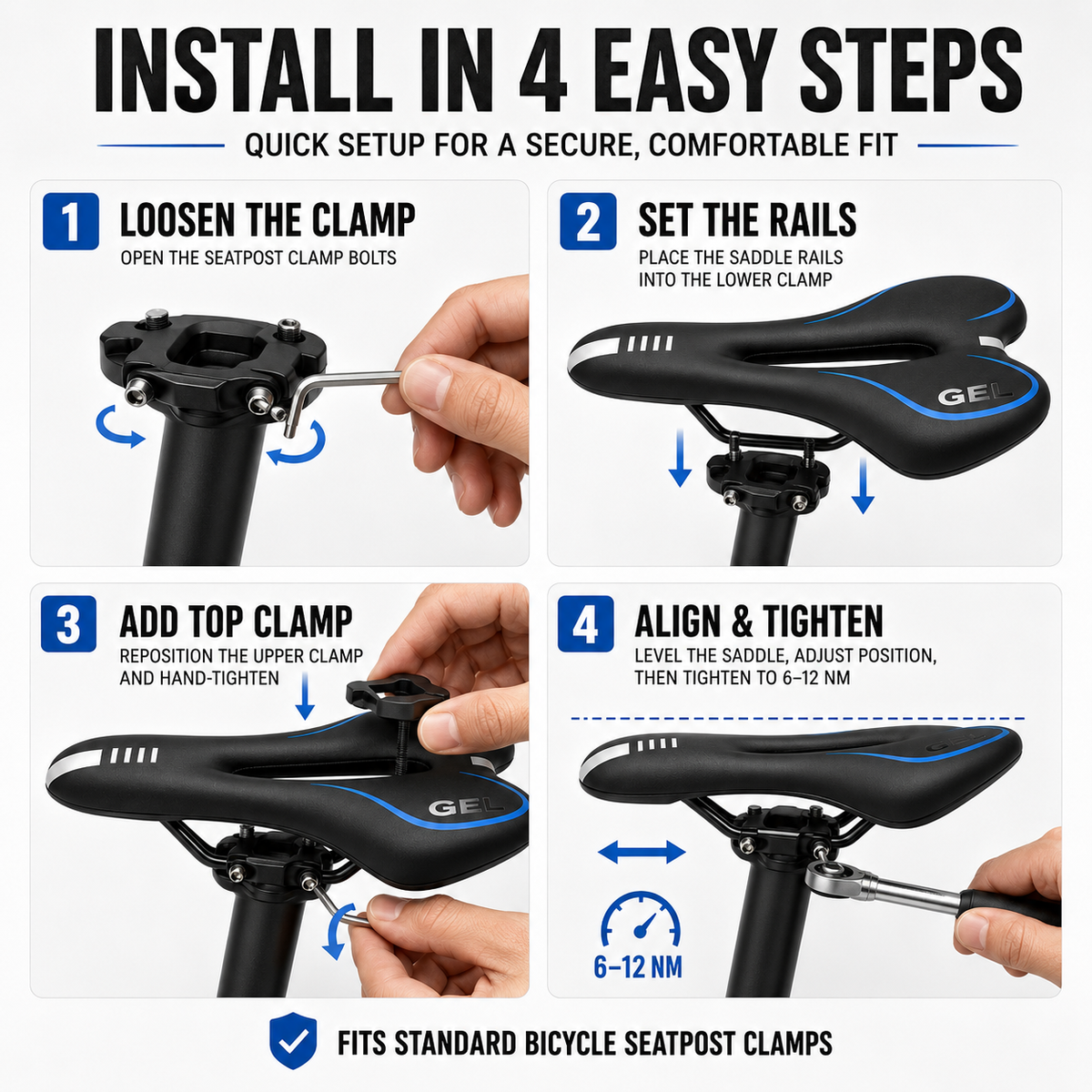Pressure-Relief Bike Saddle with Center Channel for Road & Time Trial Cycling – Foam Cushion, Water-Resistant Cover, Standard Rail Mount