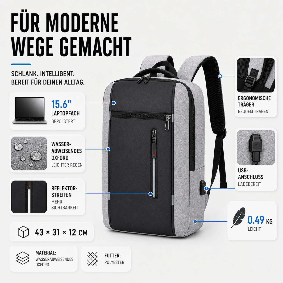 Water-Resistant Laptop Backpack with USB Charging Port for Work & Travel | Business Commuter Daypack with Padded 15.6-Inch Computer Sleeve