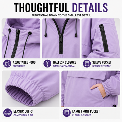 Weatherproof Half-Zip Windbreaker Jacket with Hood – Lightweight Water-Resistant Pullover for Men & Women