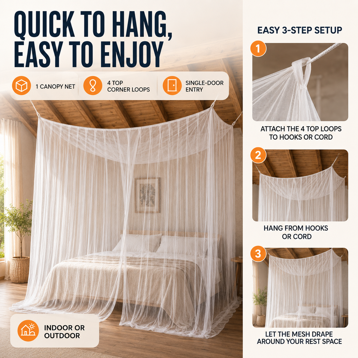 Spacious Hanging Bed Canopy Net | Tall Box-Style Insect Barrier for Double Beds & Camping | 87×79×79 in Interior | White or Black Mesh