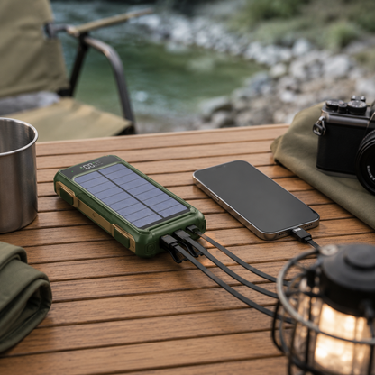 Solar Power Bank 10000-20000 mAh with Built-In Cables & Wireless Charging for iPhone Android – Portable Battery Pack with LED Display &