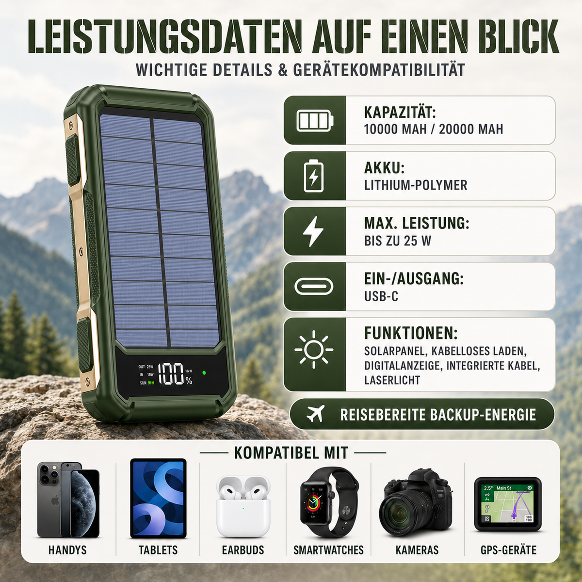Solar Power Bank 10000-20000 mAh with Built-In Cables & Wireless Charging for iPhone Android – Portable Battery Pack with LED Display &