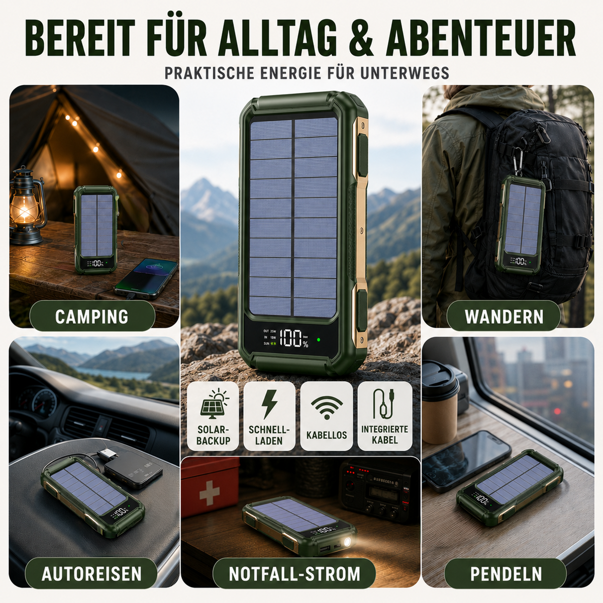 Solar Power Bank 10000-20000 mAh with Built-In Cables & Wireless Charging for iPhone Android – Portable Battery Pack with LED Display &